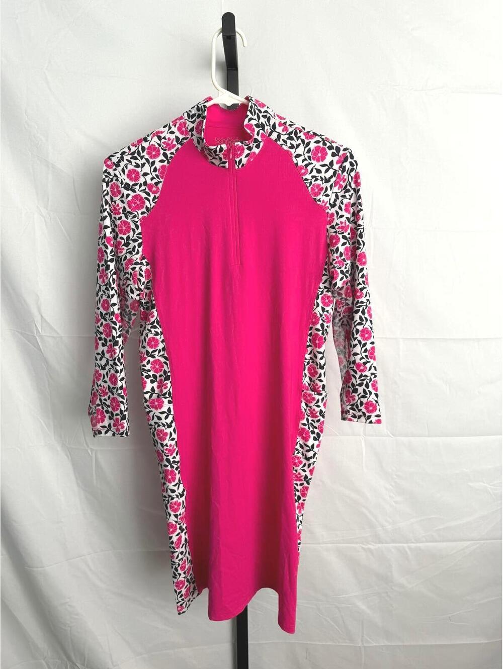 SanSoleil Women's Pink Floral Long Sleeve Swim Dress Small
